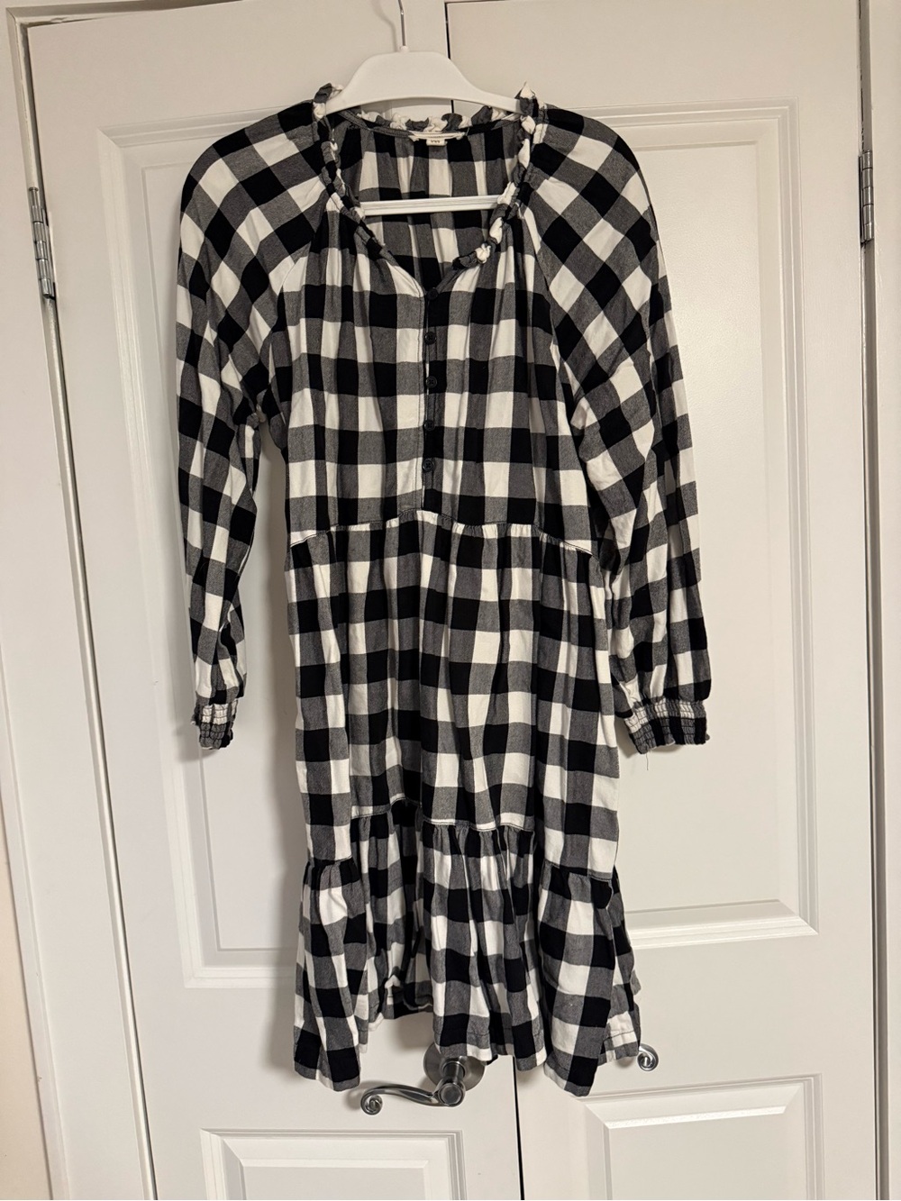 beachlunchlounge Black and White Plaid Long Sleeve Tiered Dress